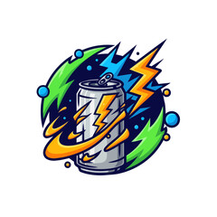 Fototapeta premium Dynamic illustrated energy drink can with lightning bolts and vibrant colors highlighting power and excitement in a modern
