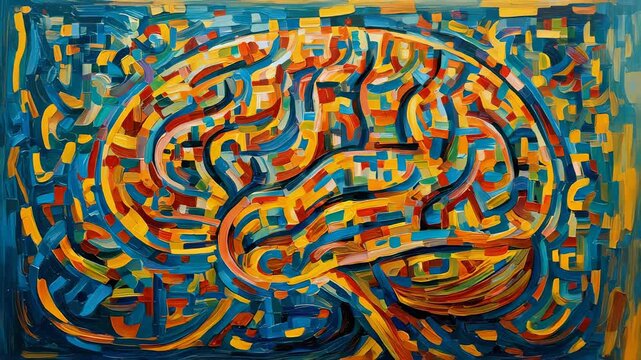 Colorful abstract representation of a brain with vibrant patterns.