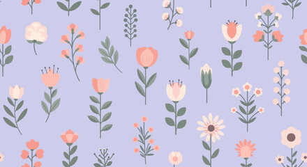 Delicate Floral Pattern with Pastel Colors and Simple Designs.