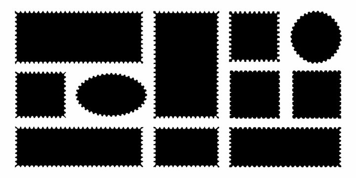 A collection of black textured postage stamps in various rectangular and circular forms