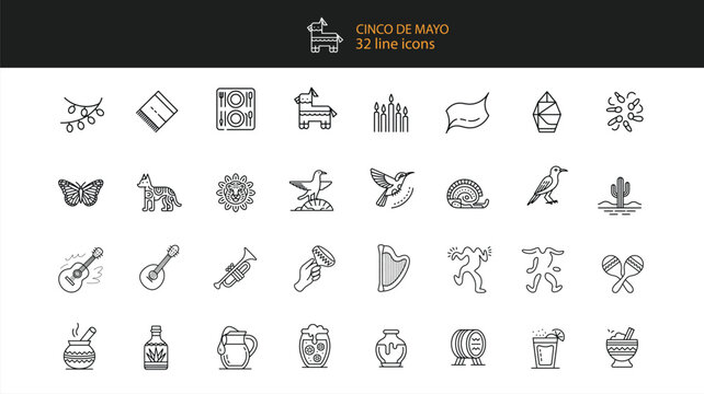 Cinco de Mayo line icons set with pinata guitar and cactus symbols Keywords: cinco de mayo