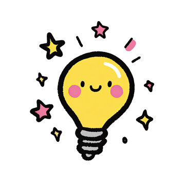 Adorable cartoon lightbulb with a smiling face, radiating stars on a black background