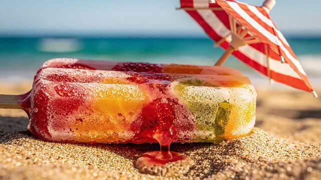Cinematic slow motion footage of a frozen fruity dessert ice cream bar under an umbrella on a summer holiday vacation, refreshing cold snack for sunny seasonal travel.