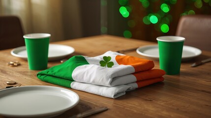 Irish flag with shamrock on table set for celebration with green cups