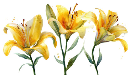 Watercolor illustration of three yellow lilies with green stems against a black background