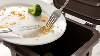 Discarding a dirty plate with leftover food into a trash bin