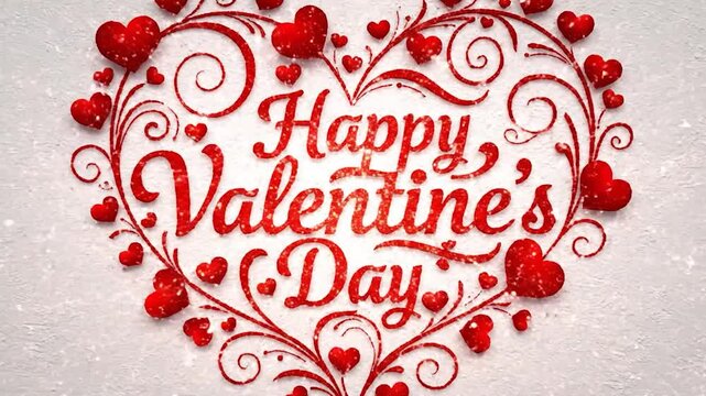 Red heart shaped happy valentines day sign with decorative swirls on gray wall