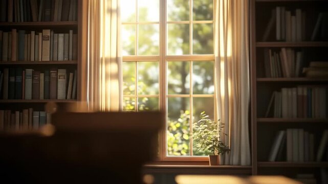 Sunlit library interior with bookshelf and window