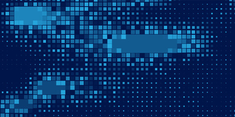 Abstract Dark Blue Square Halftone Background. Digital Pixel Geometric Pattern for Cyber Security, Big Data, and Tech Banner. Modern Futuristic Mosaic Texture for Corporate Header and Web Design.