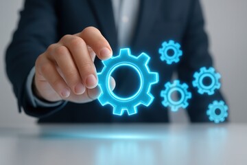 Business Process and Innovation: A focused individual interacts with a luminous cogwheel, symbolizing the intricacies of workflow, innovation.