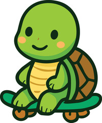 Obraz premium Cute cartoon turtle sitting on a green skateboard, vector illustration of a happy tortoise character isolated on white background.