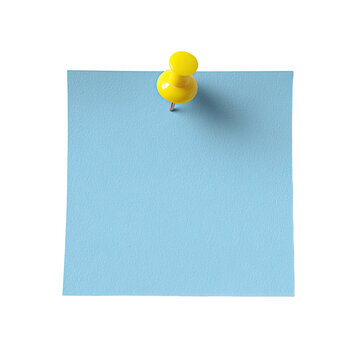 Close-up of a blank sky-blue sticky note held in place by a yellow push pin
