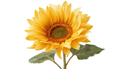 Fototapeta premium Isolated bright yellow sunflower with a green center, stem, and leaf, on black background