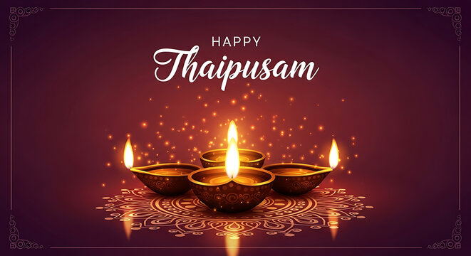 Happy Thaipusam Greeting with Glowing Oil Lamps and Dark Red Background