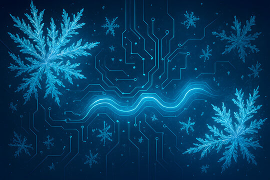 Frozen crystal circuit background with icy blue temperature pulses and ethereal medical logistics depth
Abstract frost patterns over glowing circuits with swirling signal pulses and scattered data pac
