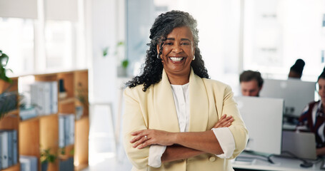 Crossed arms, happy and portrait of businesswoman in office with confidence for finance career....