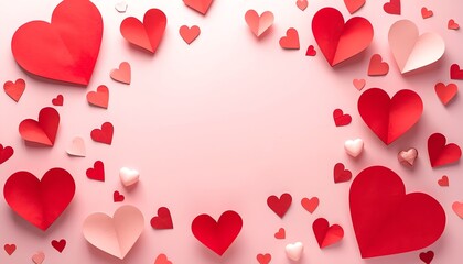 A pink background with red and pink paper hearts of various sizes scattered around
