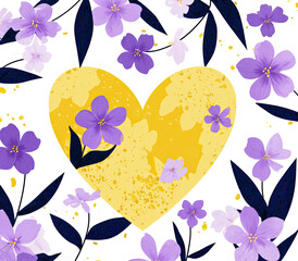 Floral design with purple and white blossoms surrounding a golden heart on black