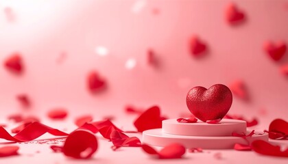 A red heart sits on a pink pedestal surrounded by rose petals and hearts