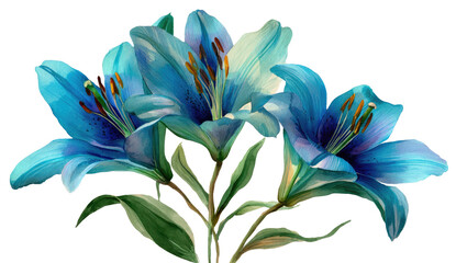 Artistic depiction of three stylized, vibrant blue lilies. Lush petals, green leaves, and delicate details