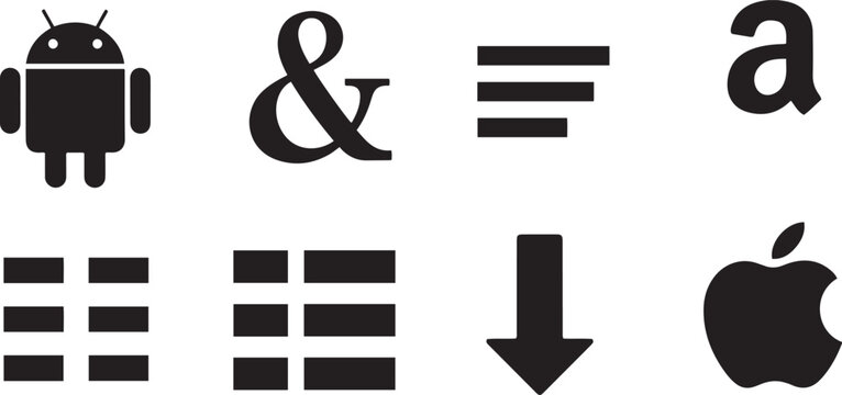 Android robot ampersand hamburger menu download arrow apple