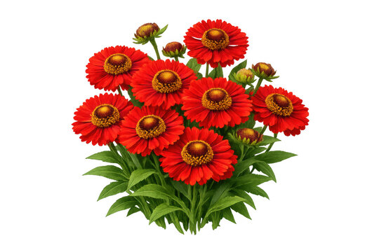 Red helenium flowers blooming with yellow centers and green leaves, a vibrant seasonal garden bouquet, transparent background
