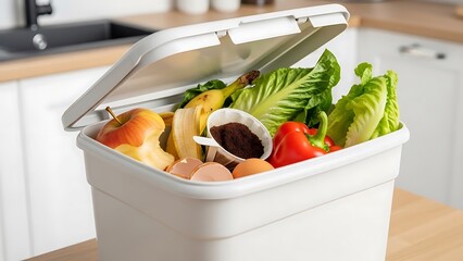 Kitchen compost bin filled with organic waste like fruits and vegetables