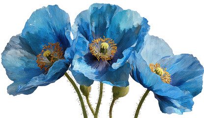 Close-up of three vibrant blue poppy blooms, showcasing delicate petals and golden centers