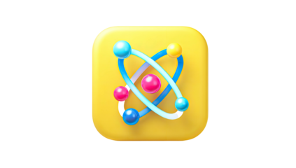 3D-rendered illustration of atomic structure with orbiting spheres on a rounded yellow background