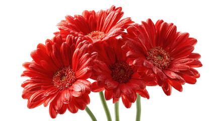 Close-up of four vibrant red flowers, with their petals fully open, against a black backdrop