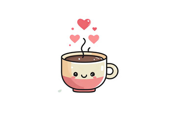 A cartoon coffee cup smiles and has hearts rising from it, set on a dark background