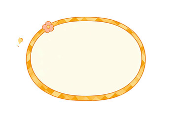 Oval-shaped frame with an orange, geometric border, a flower accent, and space for text