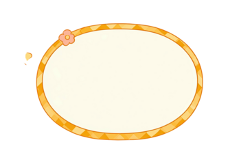 Oval-shaped frame with an orange, geometric border, a flower accent, and space for text