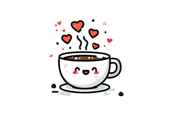 Adorable coffee cup with a smiling face and floating hearts on a black background