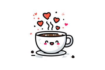 Adorable coffee cup with a smiling face and floating hearts on a black background