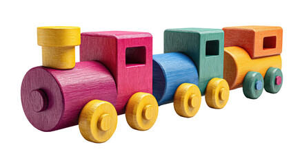 A vibrant, wooden toy train with colorful blocks and wheels. Isolated on black