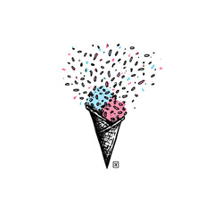 Artistic sketch of ice cream in a cone with exploding sprinkles against a black backdrop