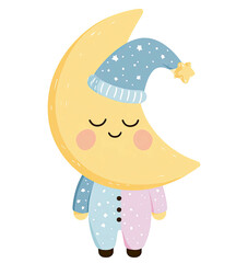 Cartoon moon character wearing a nightcap and pajamas, smiling with closed eyes