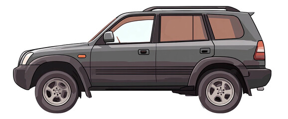 Gray SUV illustration showcasing a side view. Features wheels, windows, roof rack, and tinted glass