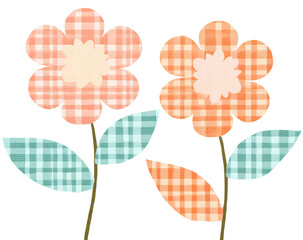 Two stylized flowers with patterned petals, stems, and leaves against a stark black background