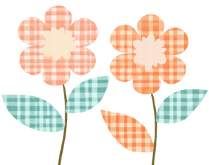 Two stylized flowers with patterned petals, stems, and leaves against a stark black background