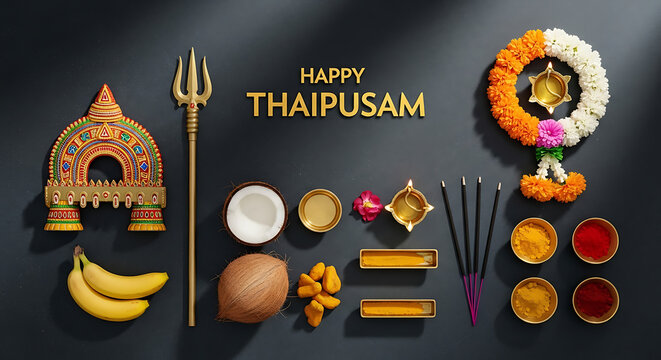 Happy Thaipusam Festival Flat Lay with Offerings Fruits and Temple Decoration