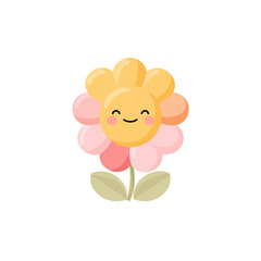 A smiling, cartoonish flower with layered petals and a stem on a solid black background