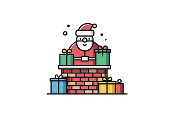 Colorful illustration of Santa Claus in chimney with gifts, set against a black background