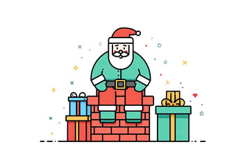 A jolly character sits on brick chimney, surrounded by gifts and festive decorations