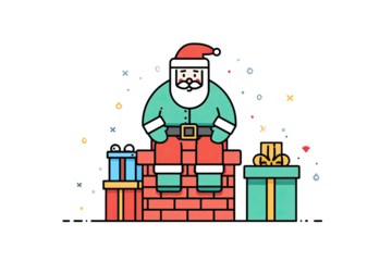 A jolly character sits on brick chimney, surrounded by gifts and festive decorations