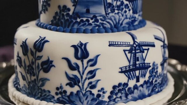 Cinematic slow motion capture of a gourmet dessert cake decorated with traditional Delft blue pottery ceramic patterns and ornate hand painted porcelain floral motifs for fine dining.