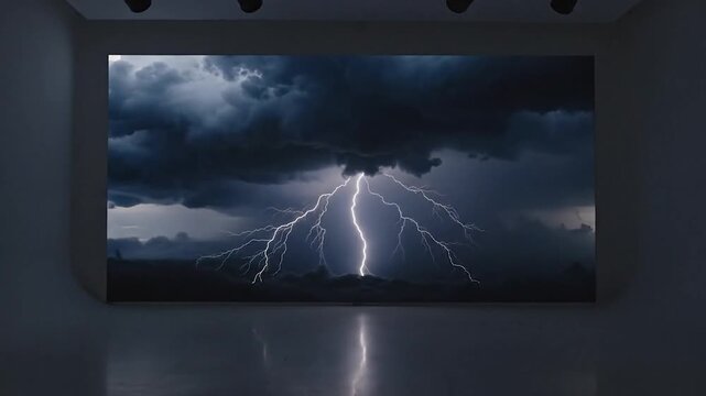 A large screen displays a lightning storm within a curved, minimalistic studio