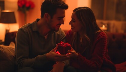 A romantic couple sitting together on a couch in a cozy living room with warm lighting