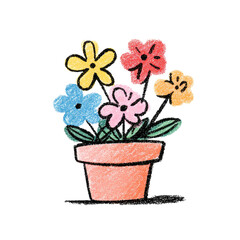 A hand-drawn image of colorful flowers in a terracotta pot against a black backdrop